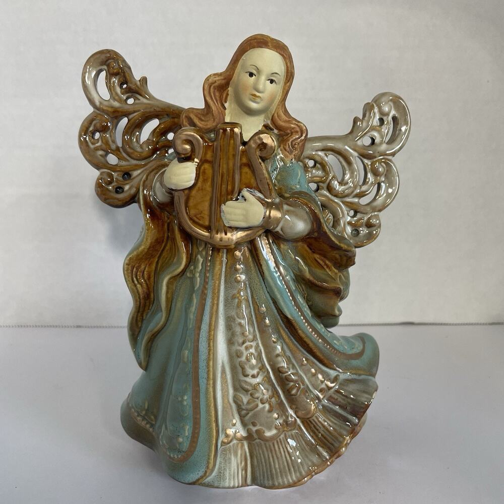 Vintage Christmas Angel Playing Lyre Harp Ceramic Figurine Partial Glazed 8"